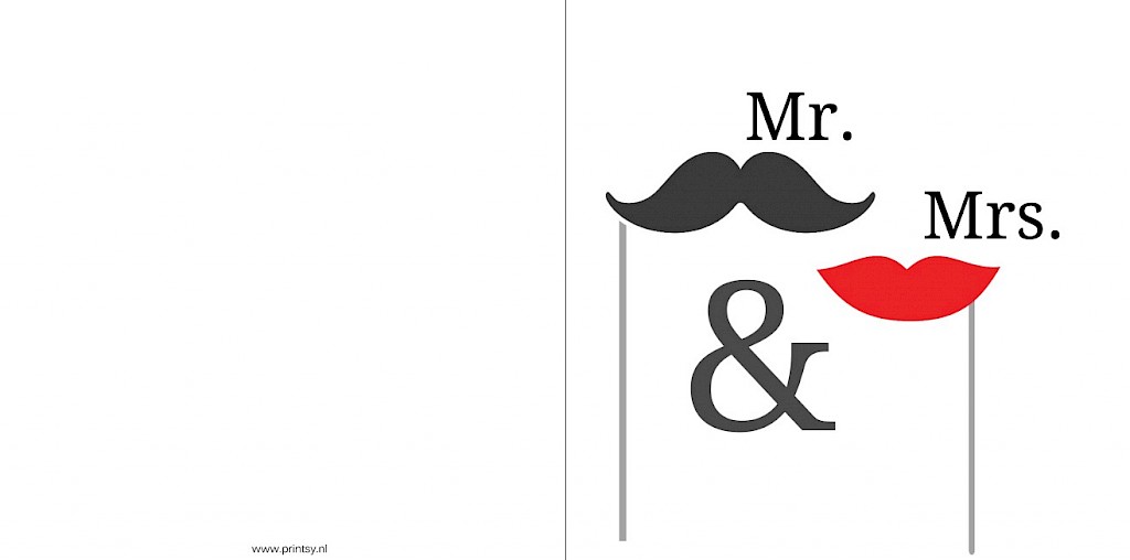 Trouwkaart Mr & Mrs met zwarte snor en rode lippen.