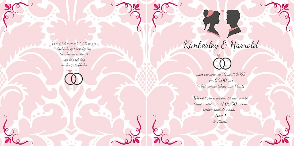 barok style trouwkaart roze wit.