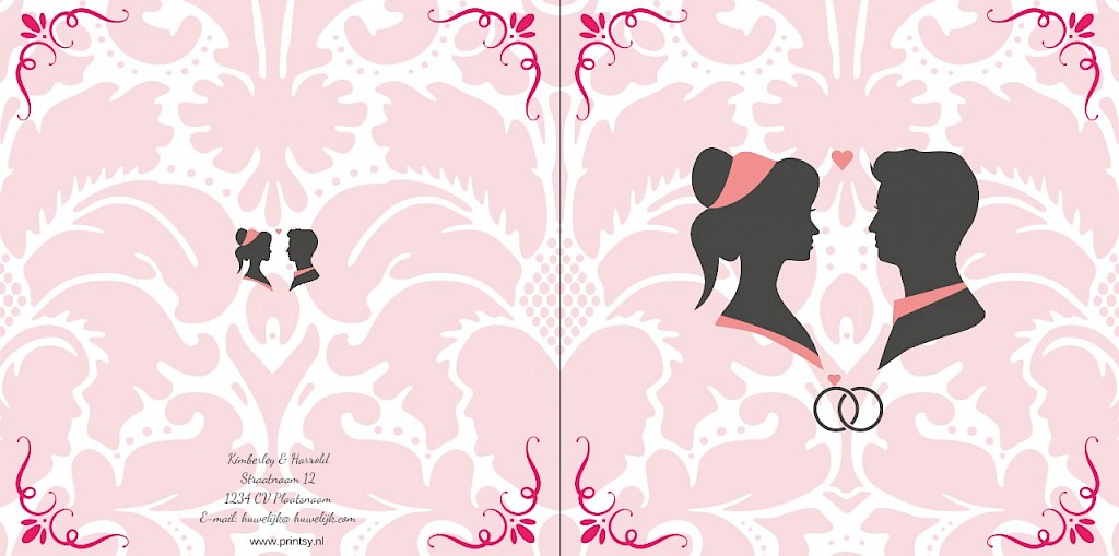 barok style trouwkaart roze wit.