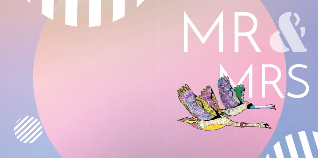Trouwkaart hip Mr & mrs. 2 zwanen speciaal gekleurd motief .