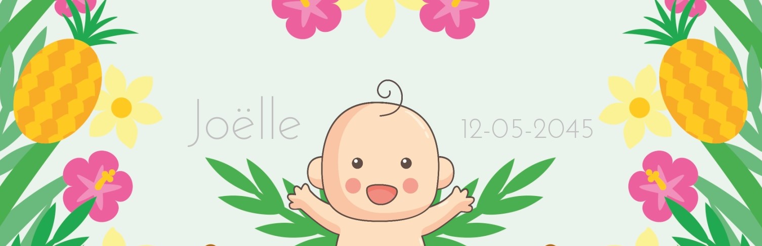 Geboorte banner vrolijke baby met bloemen.