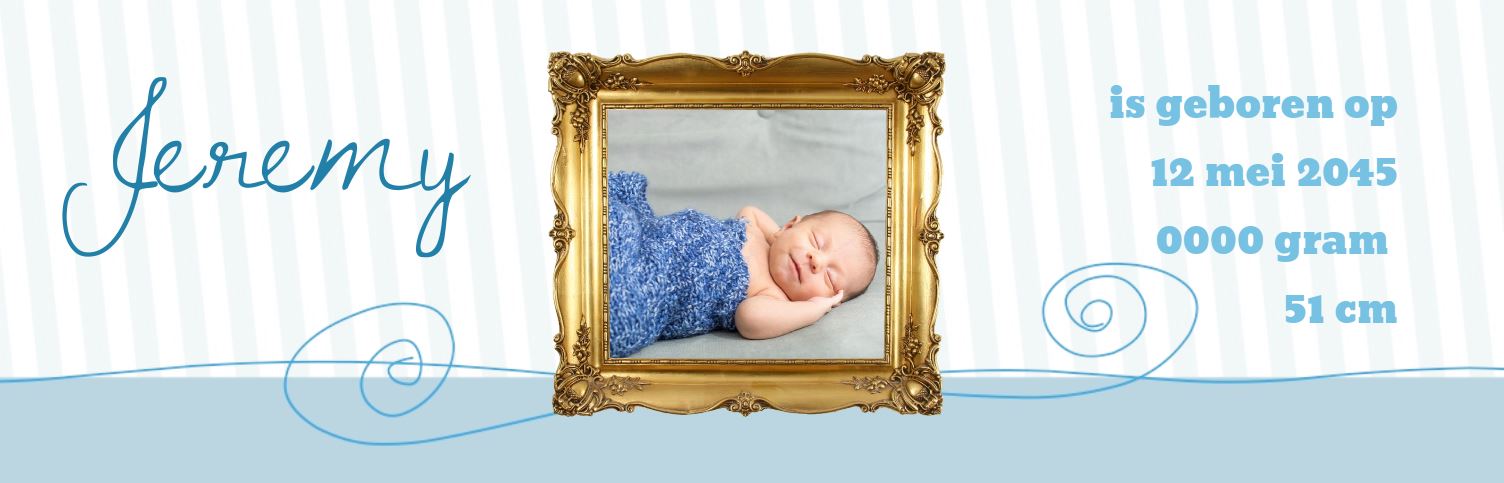 Geboorte banner foto in gouden lijst blauw wit.