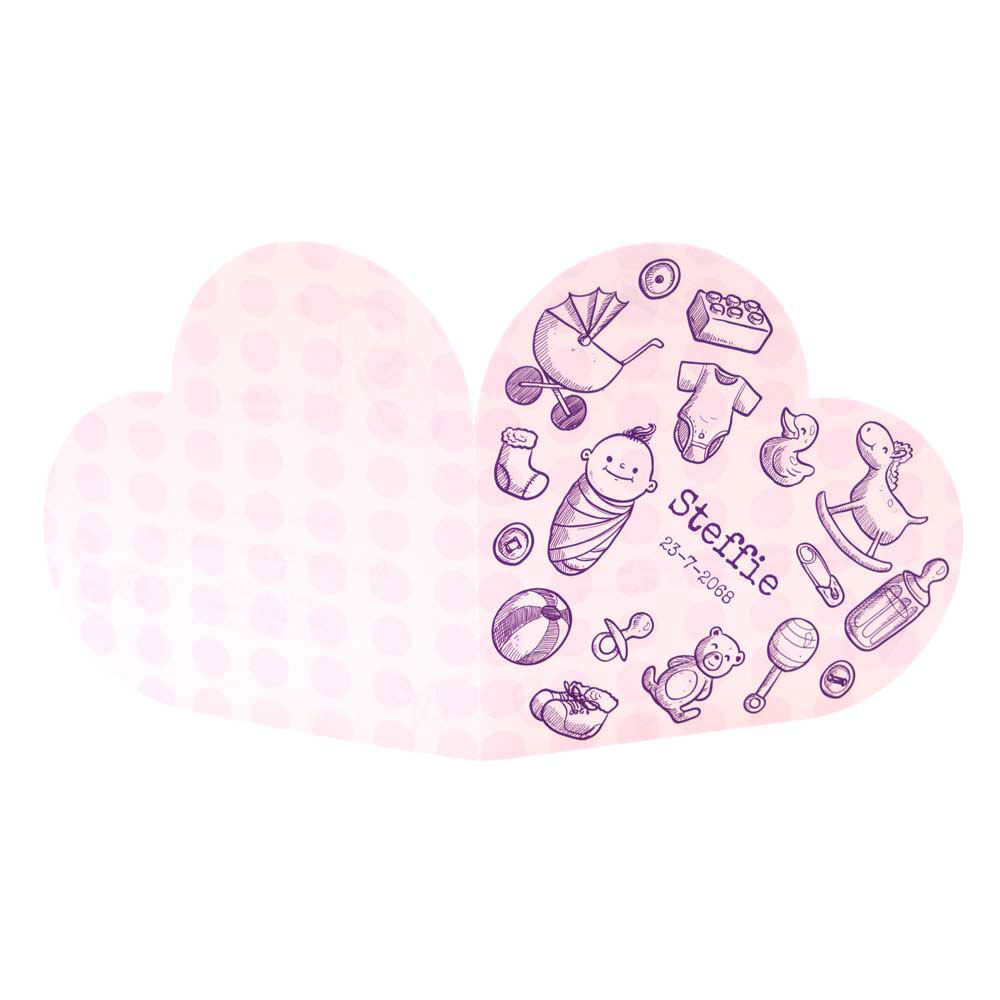 Geboortekaartje roze in hartvorm.