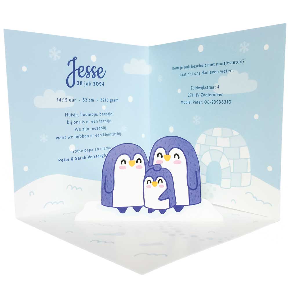 Geboortekaartje pop-up met pinguins.