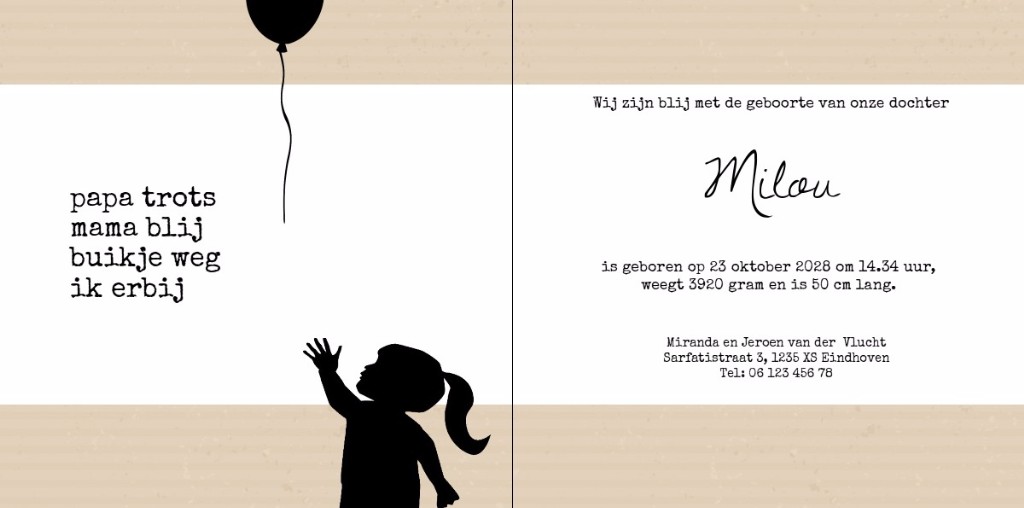 Eenvoudig geboortekaartje silhouet meisje met ballon.