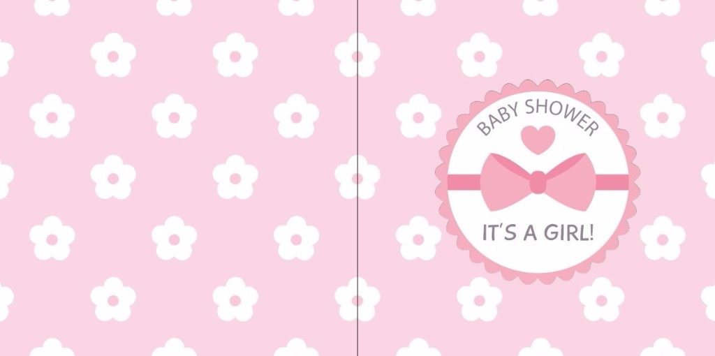 Baby shower kaartje roze met witte bloemen.