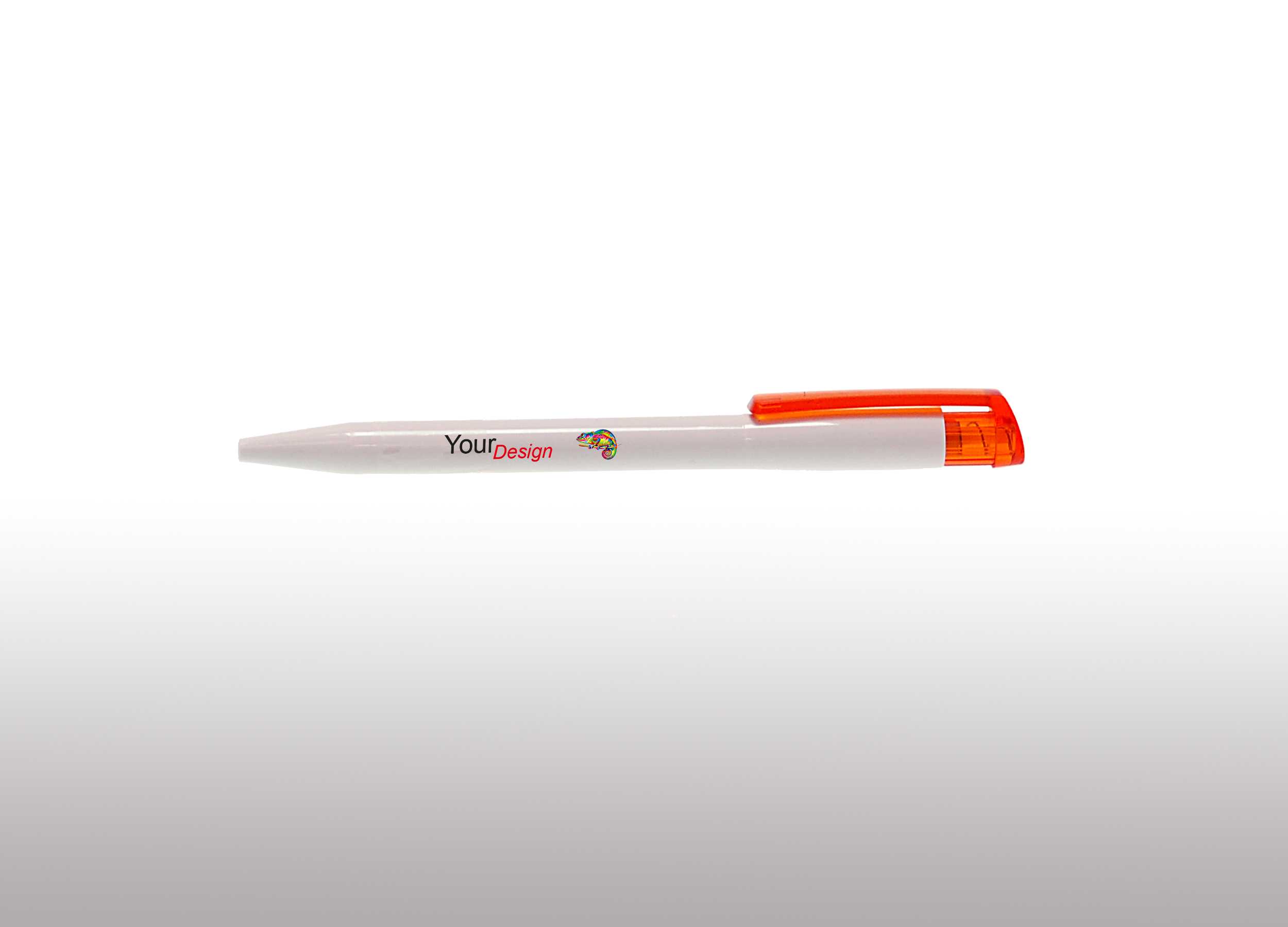 Witte pen, oranje clip, gepersonaliseerde opdruk. 