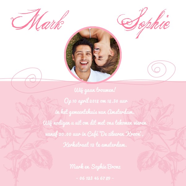 Magneet romantisch trouwkaartje met foto op roze wit.