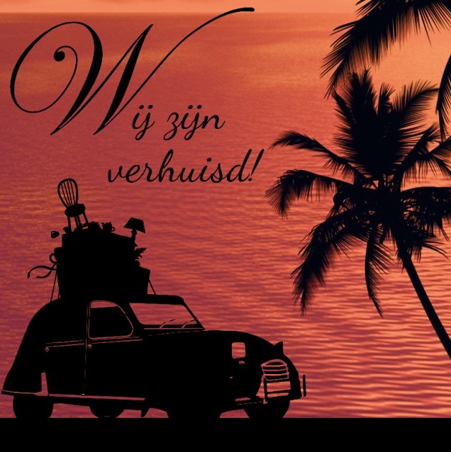 Verhuiskaartje gepakte auto palmboom bij zonsondergang.