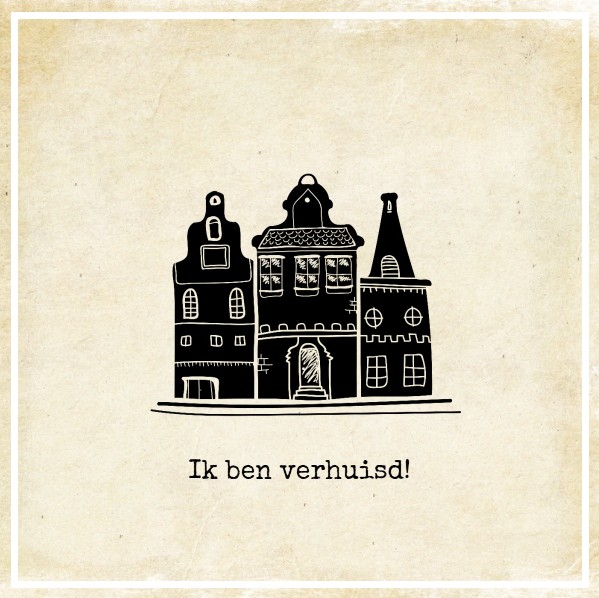 Verhuiskaartje Hollandse huisjes op (oud) papier.