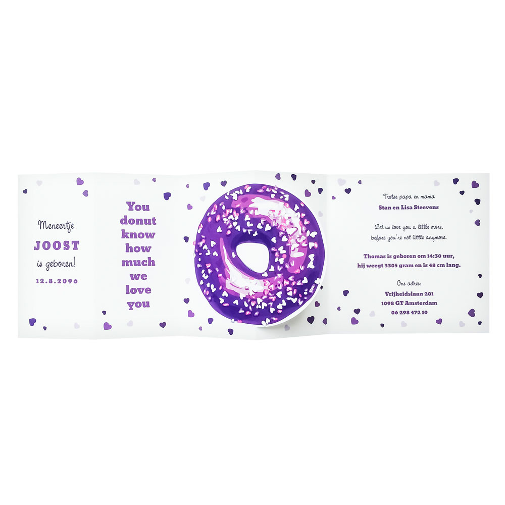 Geboortekaartje paarse donut.