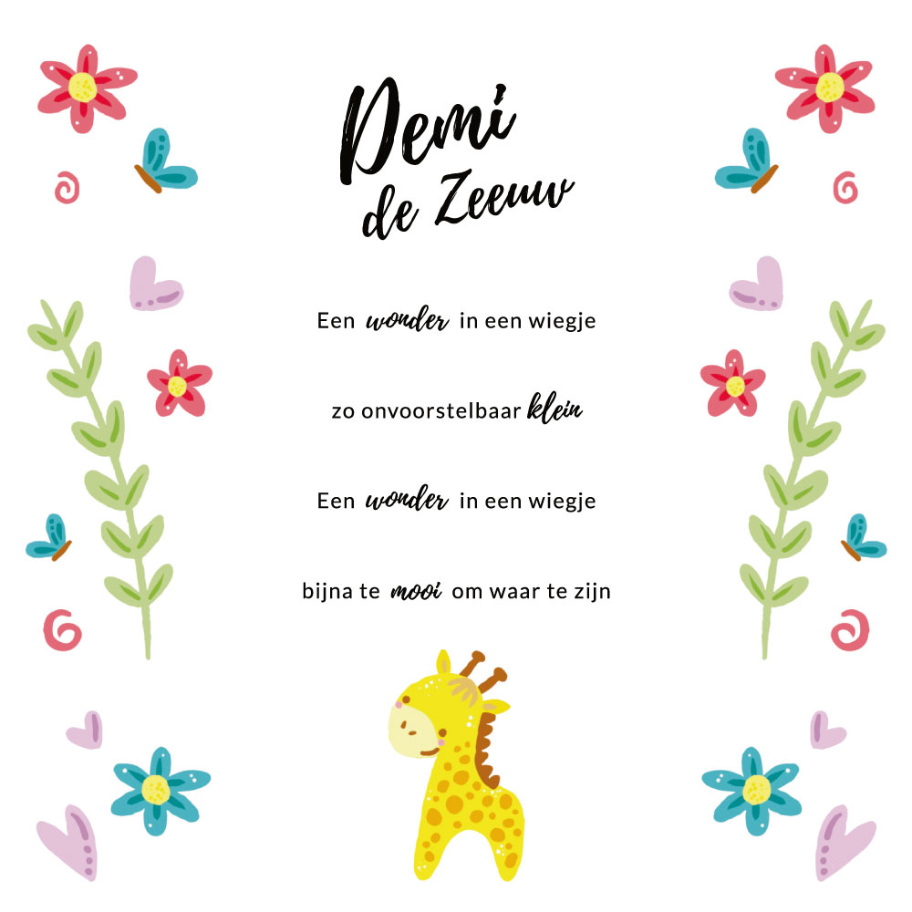 Dolle Doordraaier geboortekaart: bloemen, giraffe. 