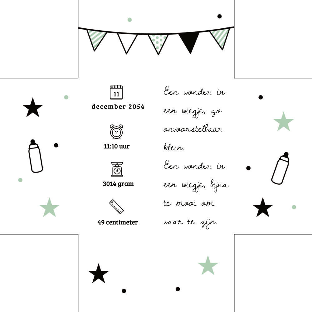 Geboortekaart Dolle Doordraaier met mint kleurige vlaggetjes en sterretjes