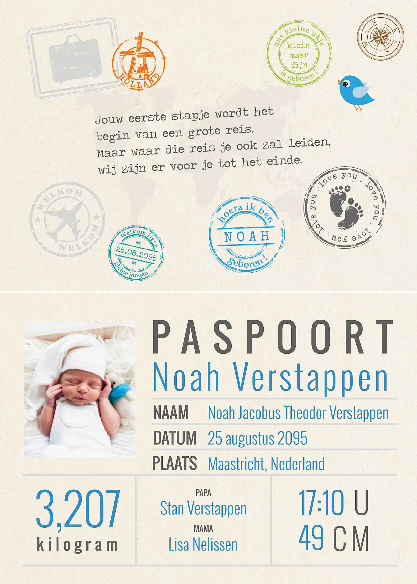 Paspoort geboortekaartje met stempels