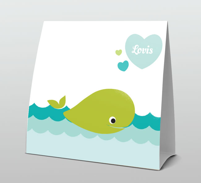 Geboortekaart tentkaart groene walvis met hartje in blauw water