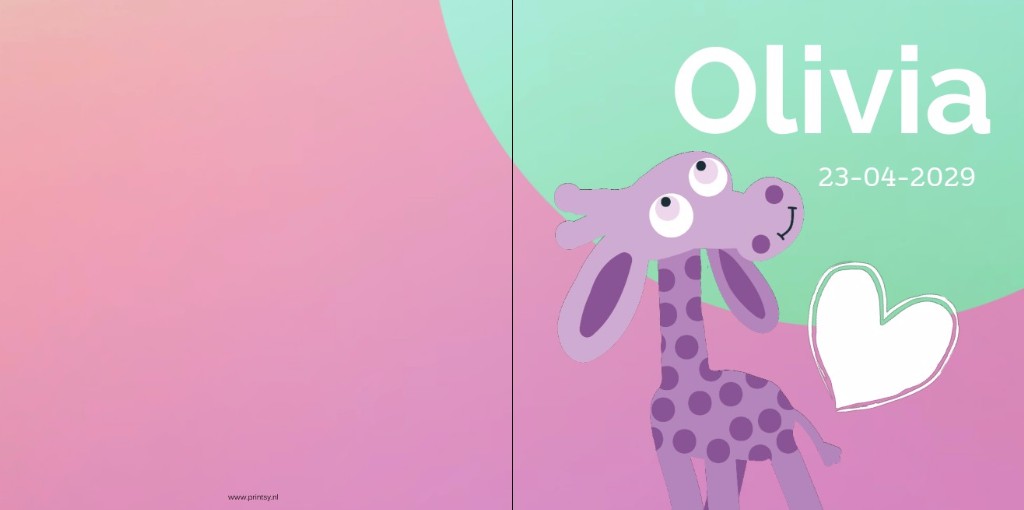 Gebeboortekaartje paarse giraf met hartje.