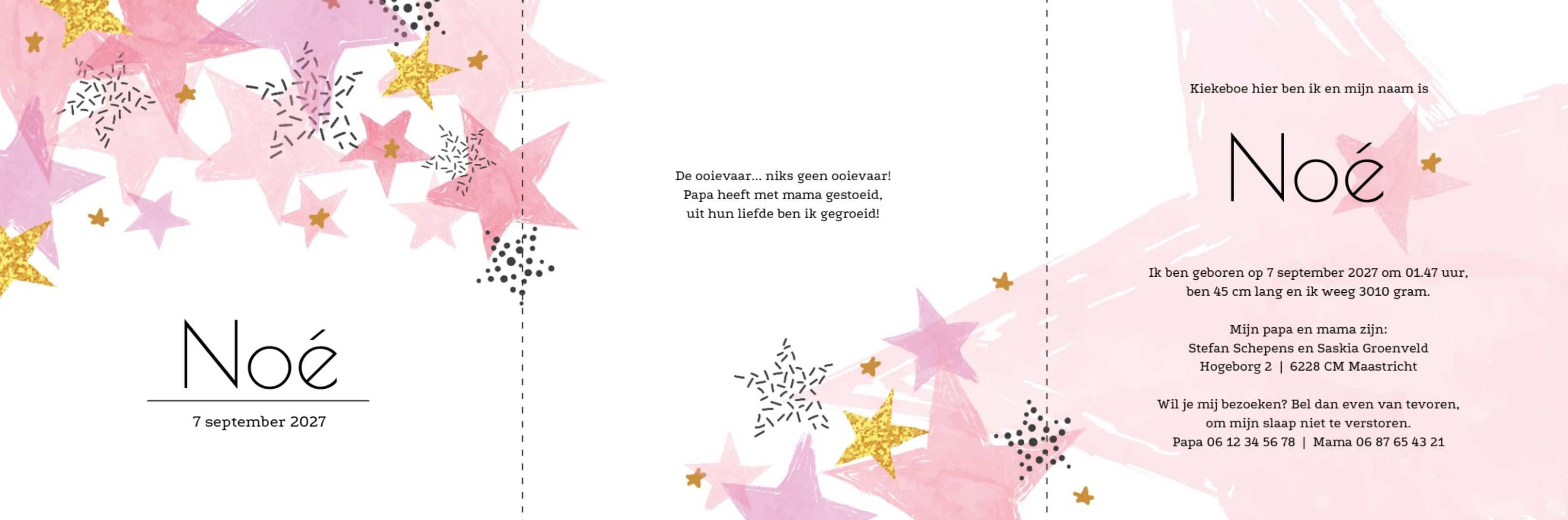 Geboortekaartje 3-luik met roze, gouden sterren.