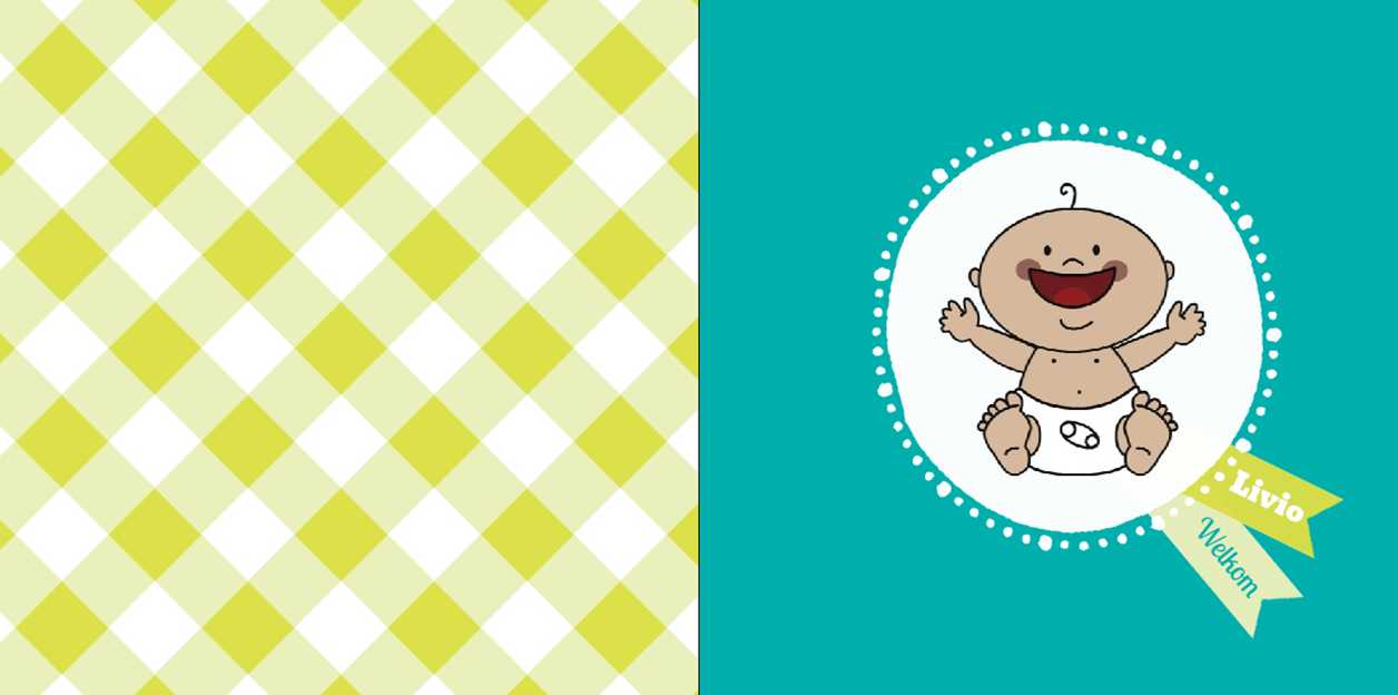 Adoptie kaartje vrolijke baby in rond kadertje op turquoise.
