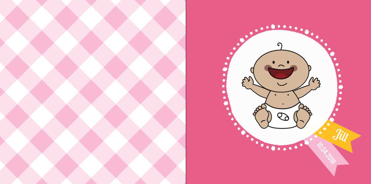 Adoptie kaartje vrolijke baby in rond kadertje op fel roze.