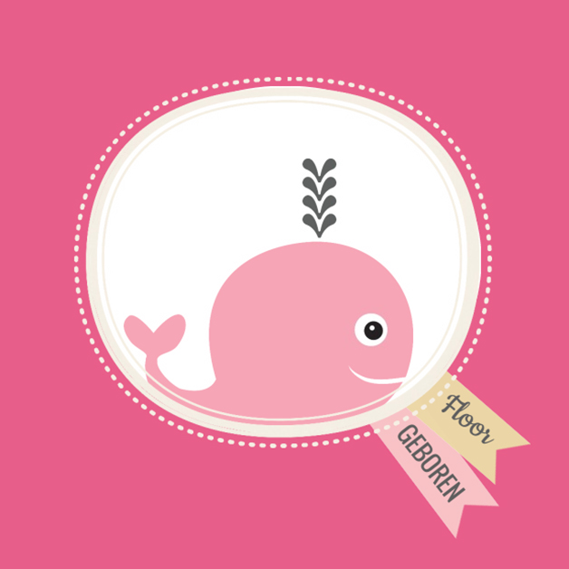 Geboortekaartje met roze walvis.