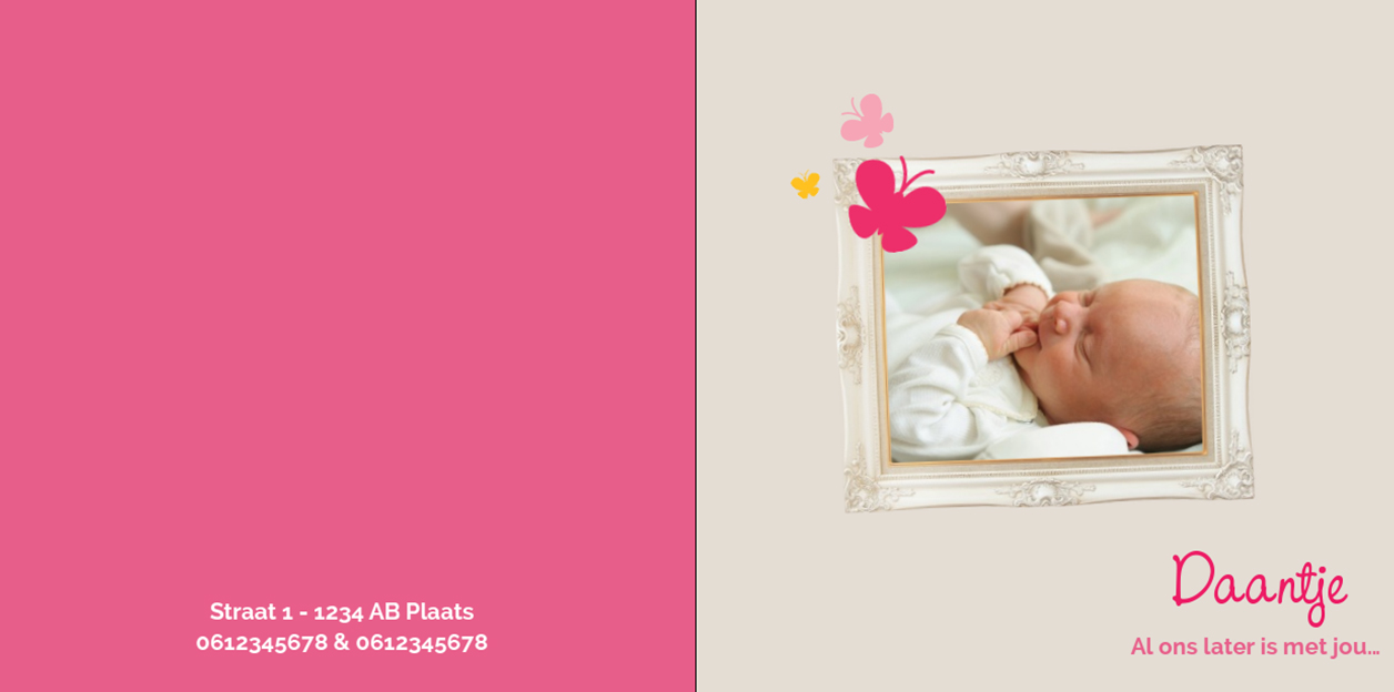 Geboortekaartje foto in lijstje en roze vlindertje.