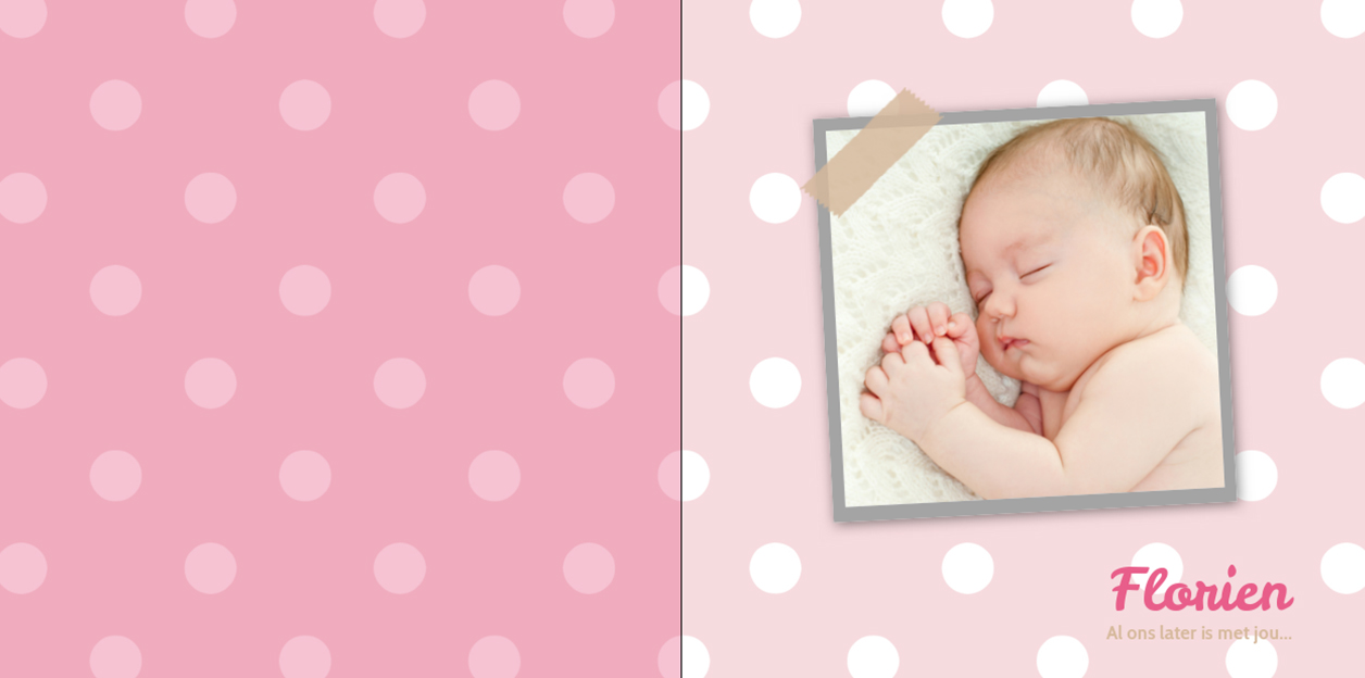 Geboortekaartje foto in kadertje roze wit gestippeld.