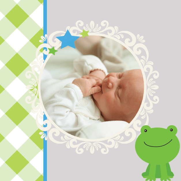 Geboortekaartje baby in wit kader met blauwe ster.