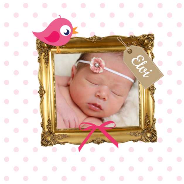 Geboortekaartje foto in gouden lijst met roze strik.