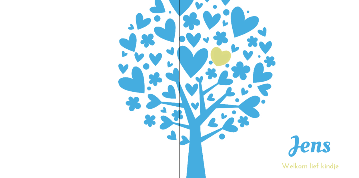 Lief dubbel geboortekaartje blauwe boom met hartjes.