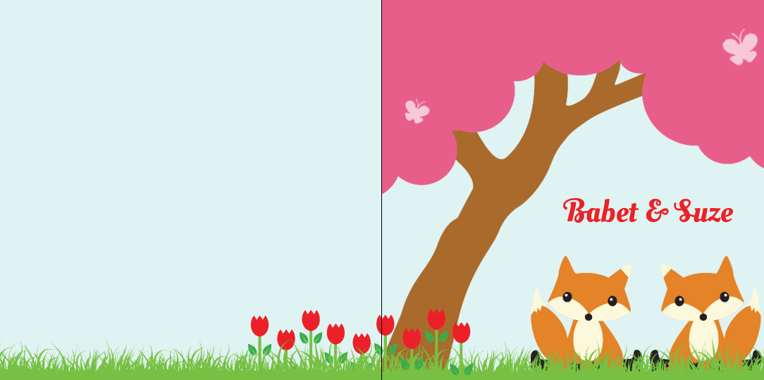 Tweeling geboortekaartje 2 vosjes onder een roze boom op gras.