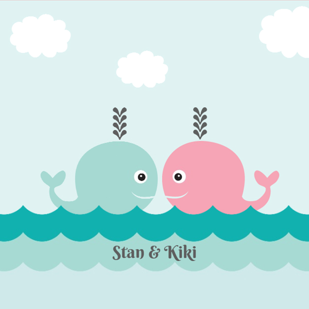 Tweeling geboortekaartje roze blauwe walvisjes in het water.