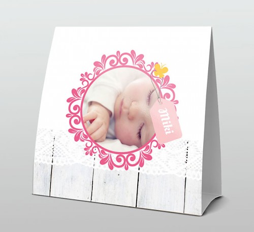 Geboortekaartje foto met roze in de vorm van een tentkaart