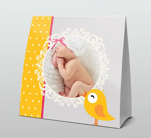 Geboortekaartje met foto omringt met kant en geel vogeltje.