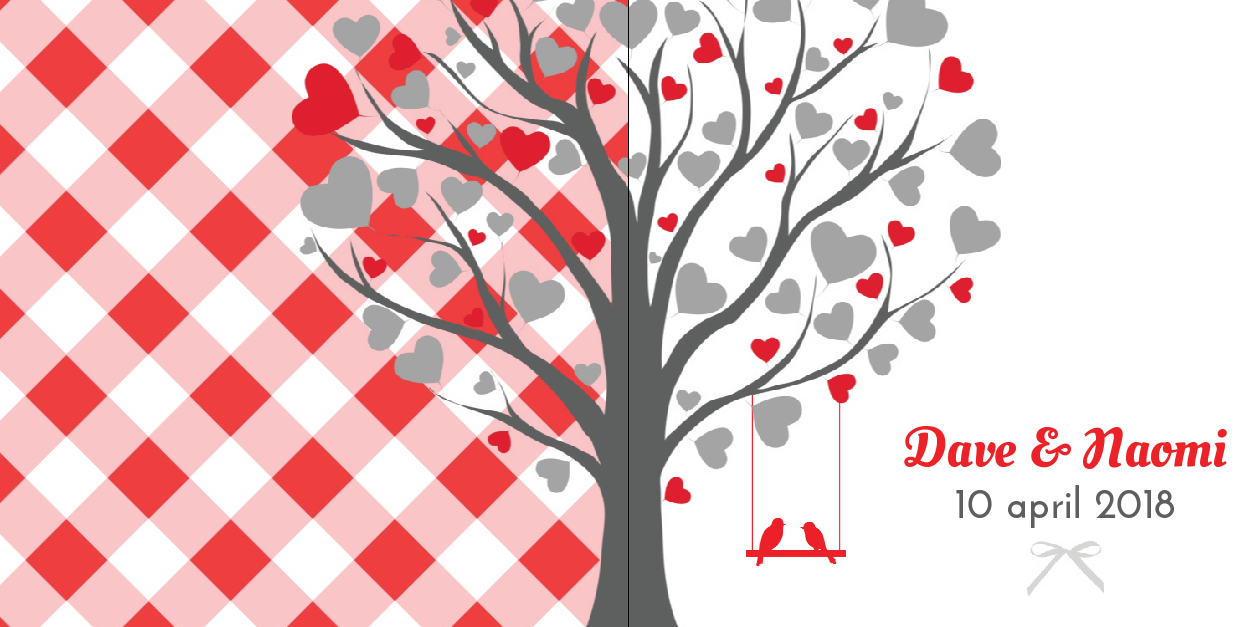 Trouwkaart rood grijze hartjesboom met 2 duifjes.