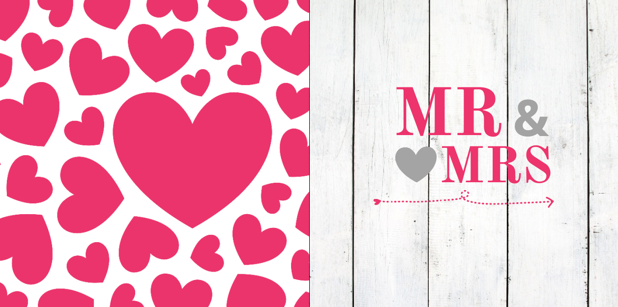 Trouwkaart Mr & Mrs in roze op steigerhout.
