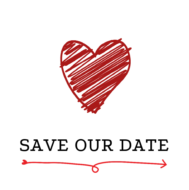Save-our-date kaart getekend rood hart op wit.