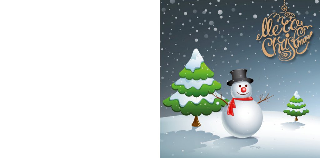 Vrolijke sneeuwpop met dennebomen.