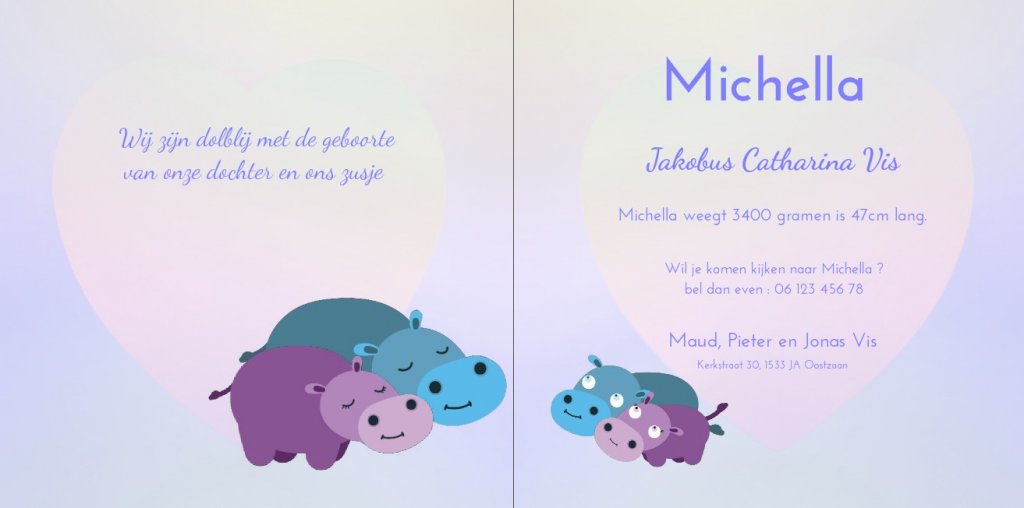 Geboortekaartje met paars nijlpaard.